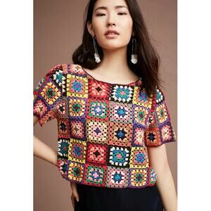 Farm Rio Anthropologie Crochet Cropped Granny Square Pullover Top Shirt XS 0 2